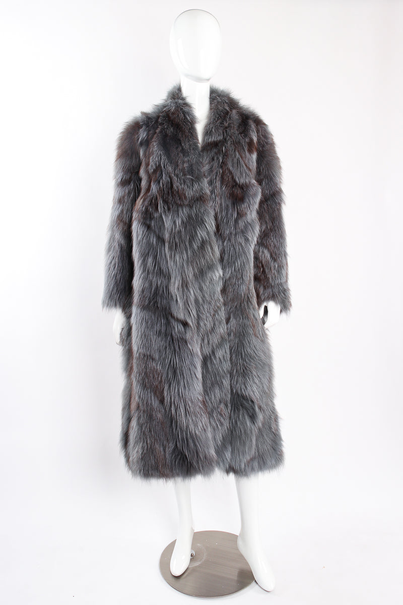 Vintage Pauline Trigere Long Collarless Fox Fur Coat on Mannequin front at Recess Los Angeles