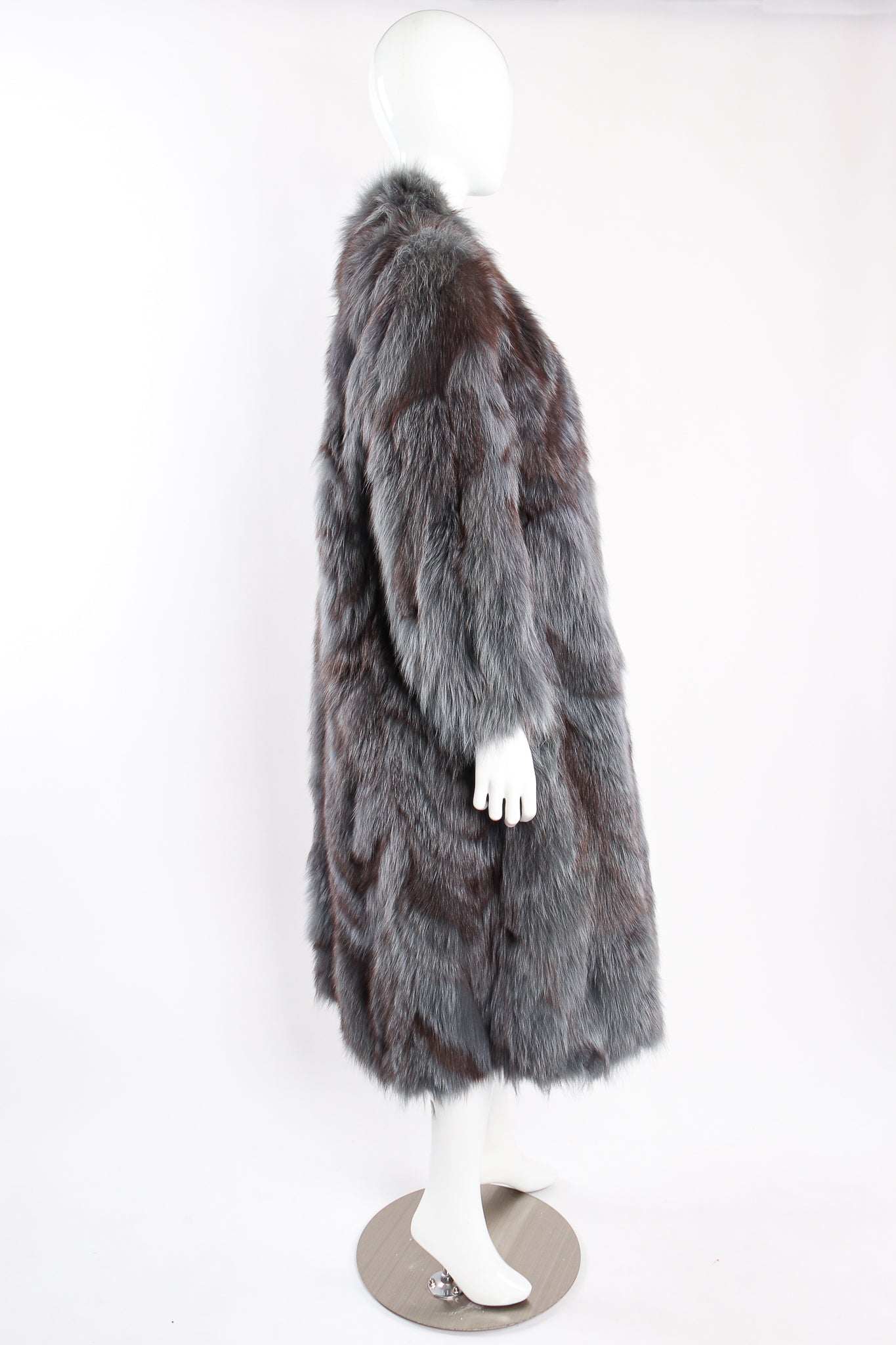 Vintage Pauline Trigere Long Collarless Fox Fur Coat on Mannequin side at Recess Los Angeles