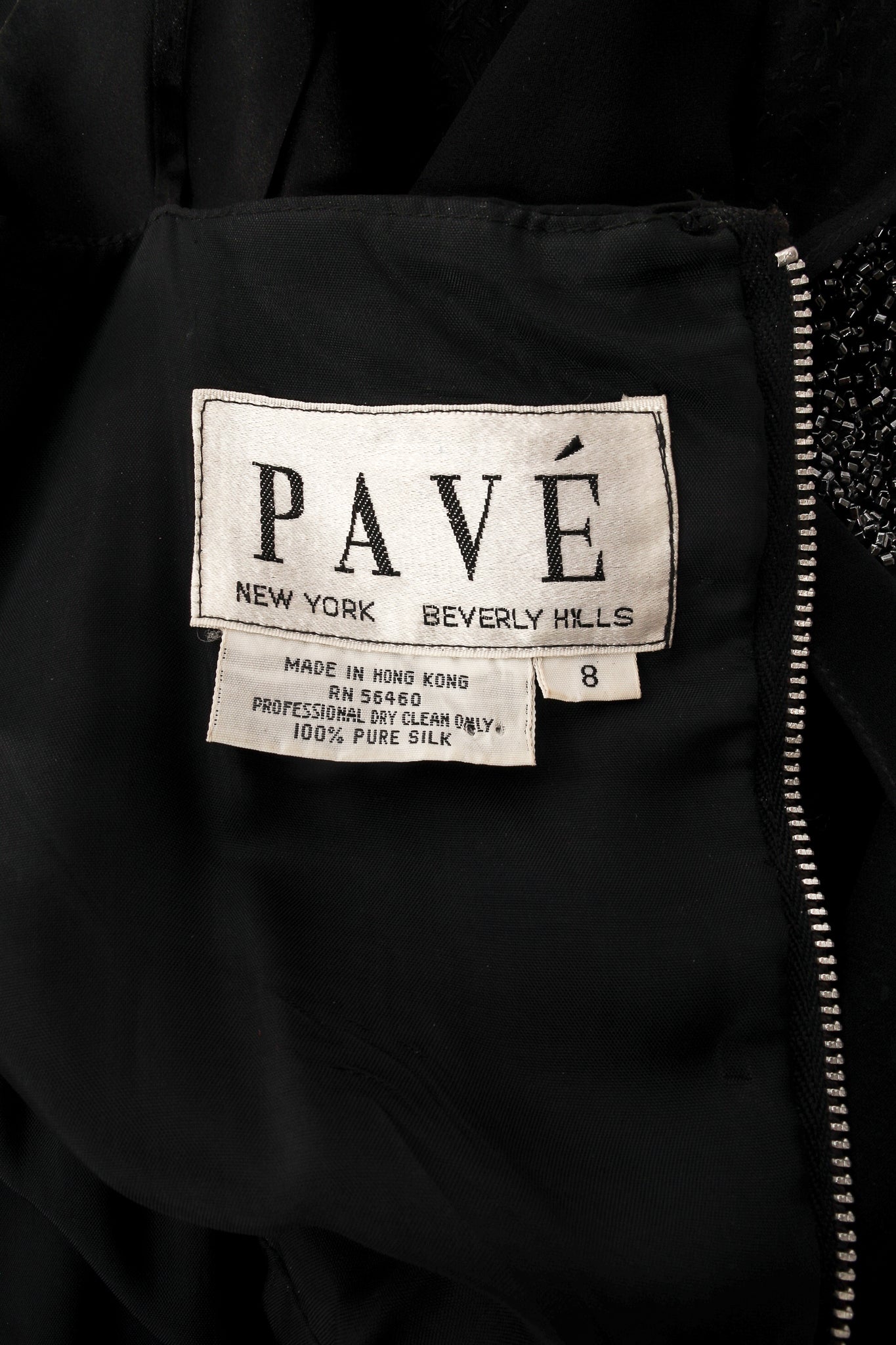 Vintage Pave Silk Chiffon Satin Beaded Fringe Dress Label at Recess LA
