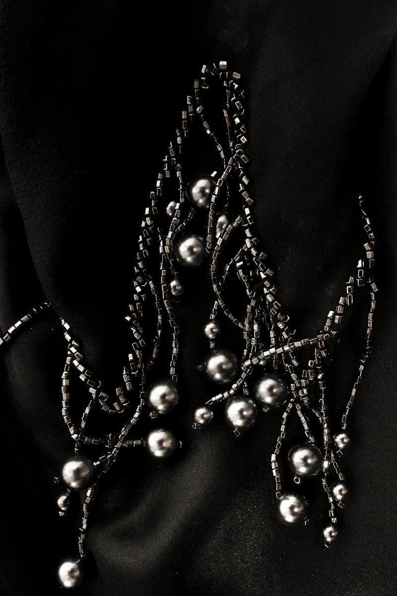 Vintage Pave Silk Chiffon Satin Beaded Fringe Dress Closeup at Recess LA