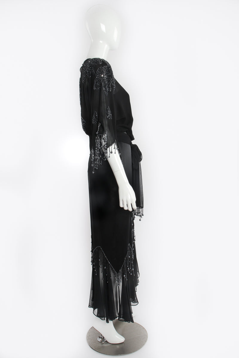 Vintage Pave Silk Chiffon Satin Beaded Fringe Dress on Mannequin Side at Recess LA
