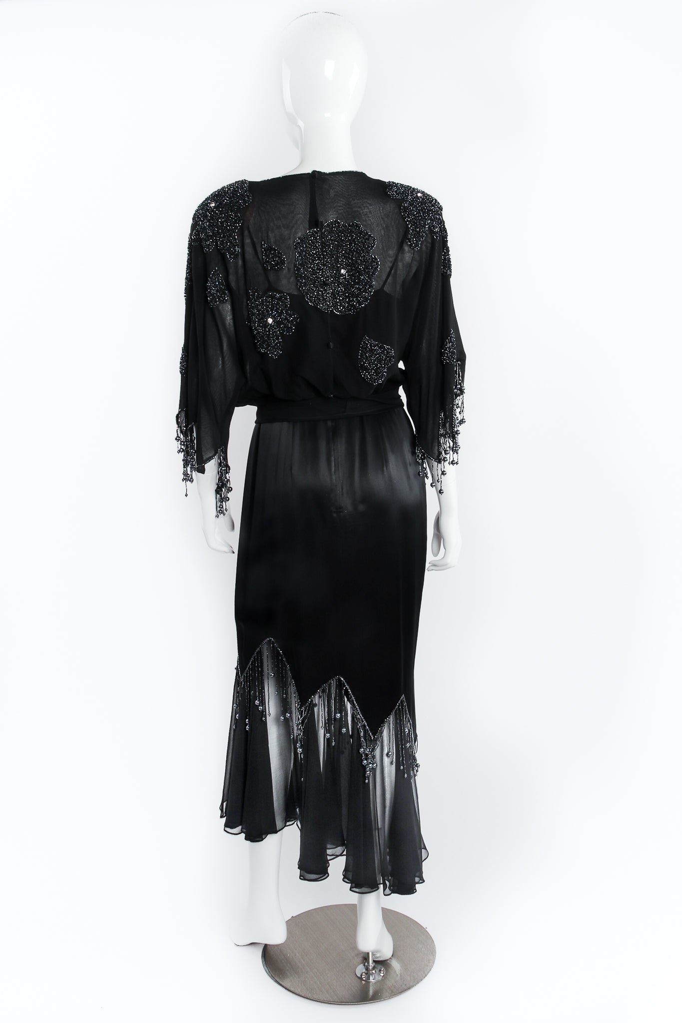 Vintage Pave Silk Chiffon Satin Beaded Fringe Dress on Mannequin Back at Recess LA
