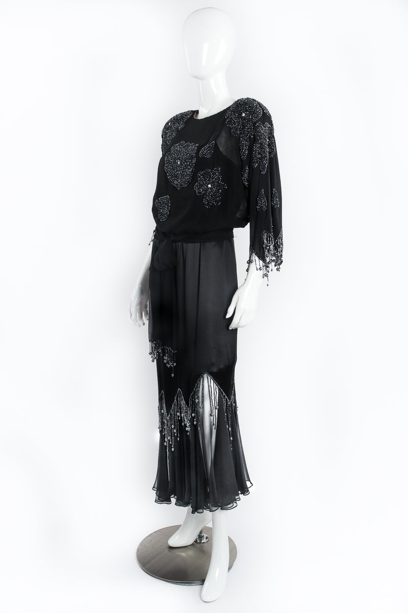 Vintage Pave Silk Chiffon Satin Beaded Fringe Dress on Mannequin Angle at Recess LA