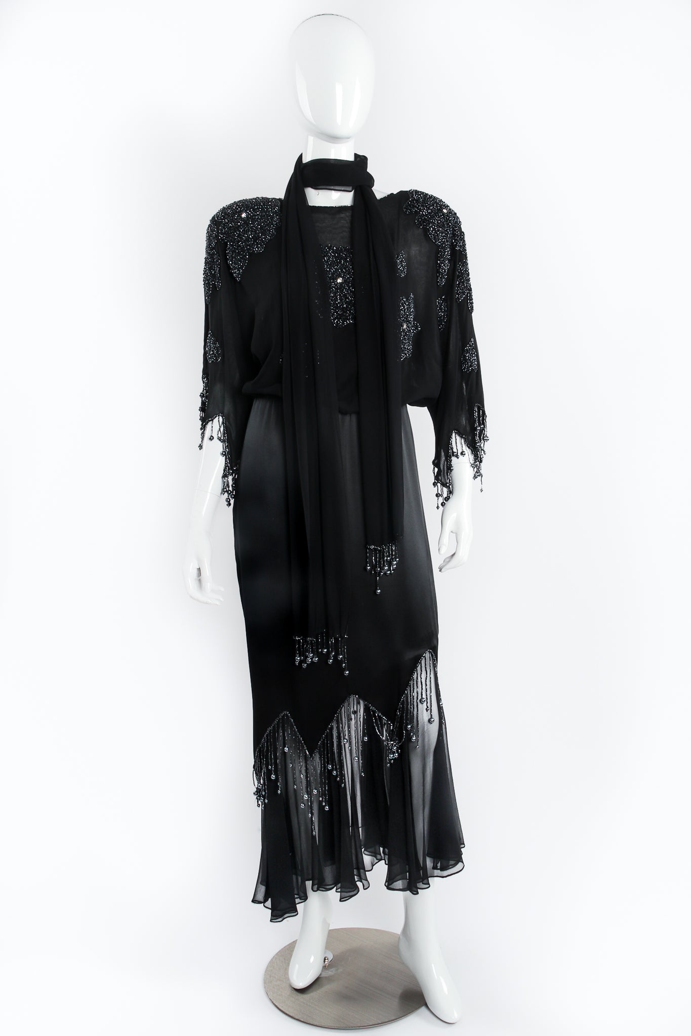 Vintage Pave Silk Chiffon Satin Beaded Fringe Dress on Mannequin Front at Recess LA
