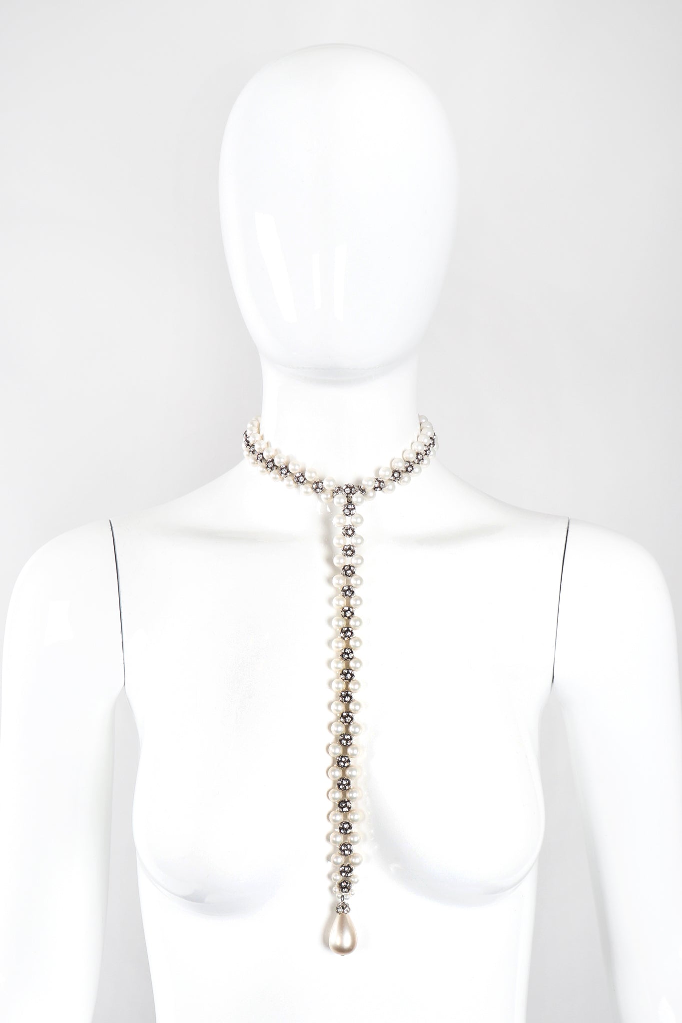 Recess Los Angeles Vintage Pearl Rhinestone Drop Bondage Lead Choker Y Necklace