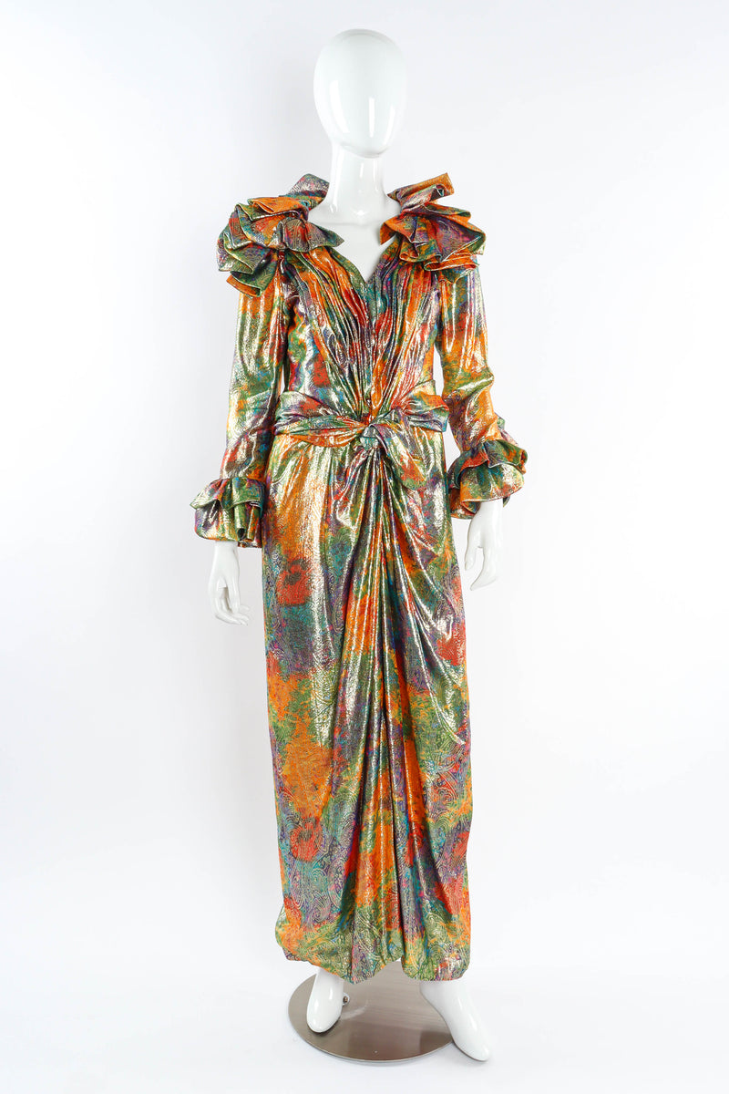 Vintage Peter Keppler Lamé Fleur Ruffle Dress mannequin front @ Recess LA