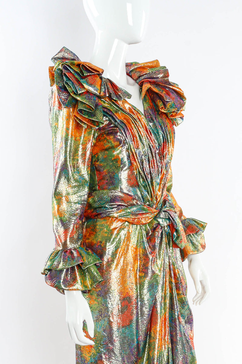 Vintage Peter Keppler Lamé Fleur Ruffle Dress mannequin angle @ Recess LA
