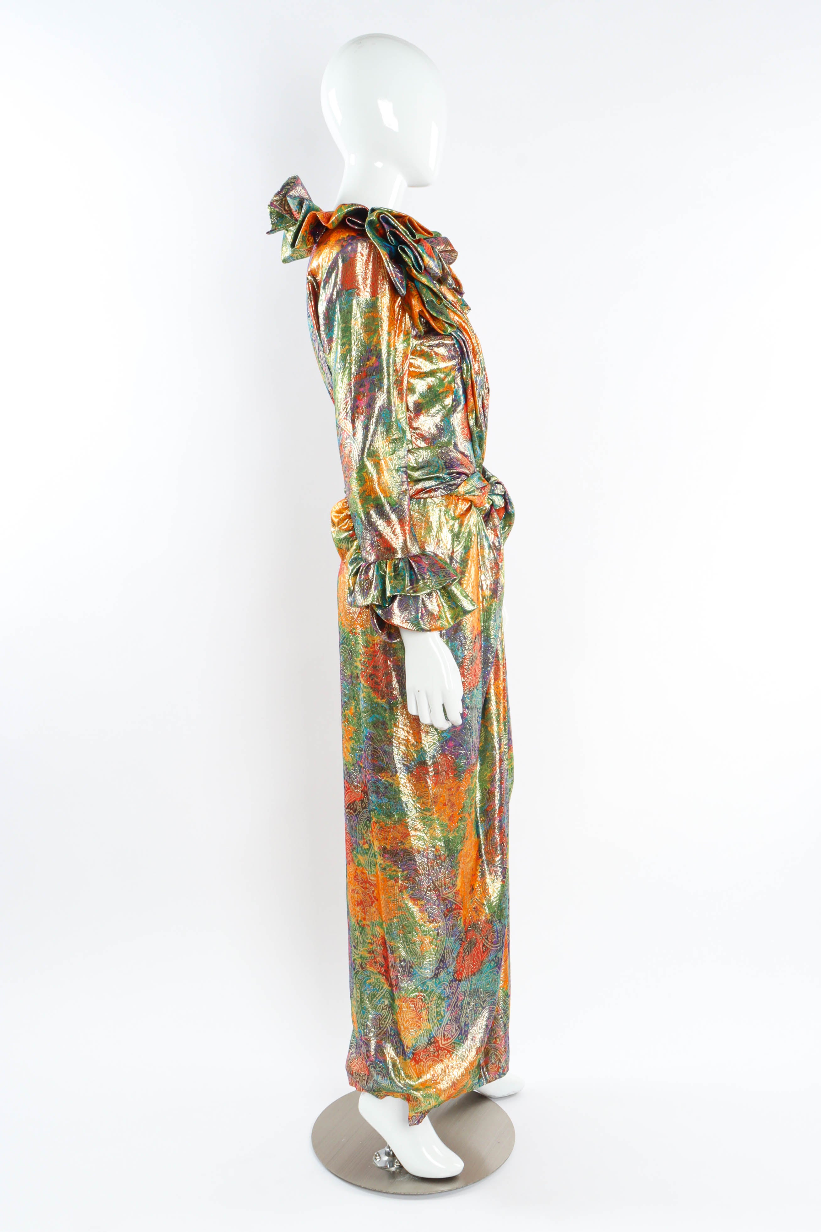 Vintage Peter Keppler Lamé Fleur Ruffle Dress mannequin side  @ Recess LA