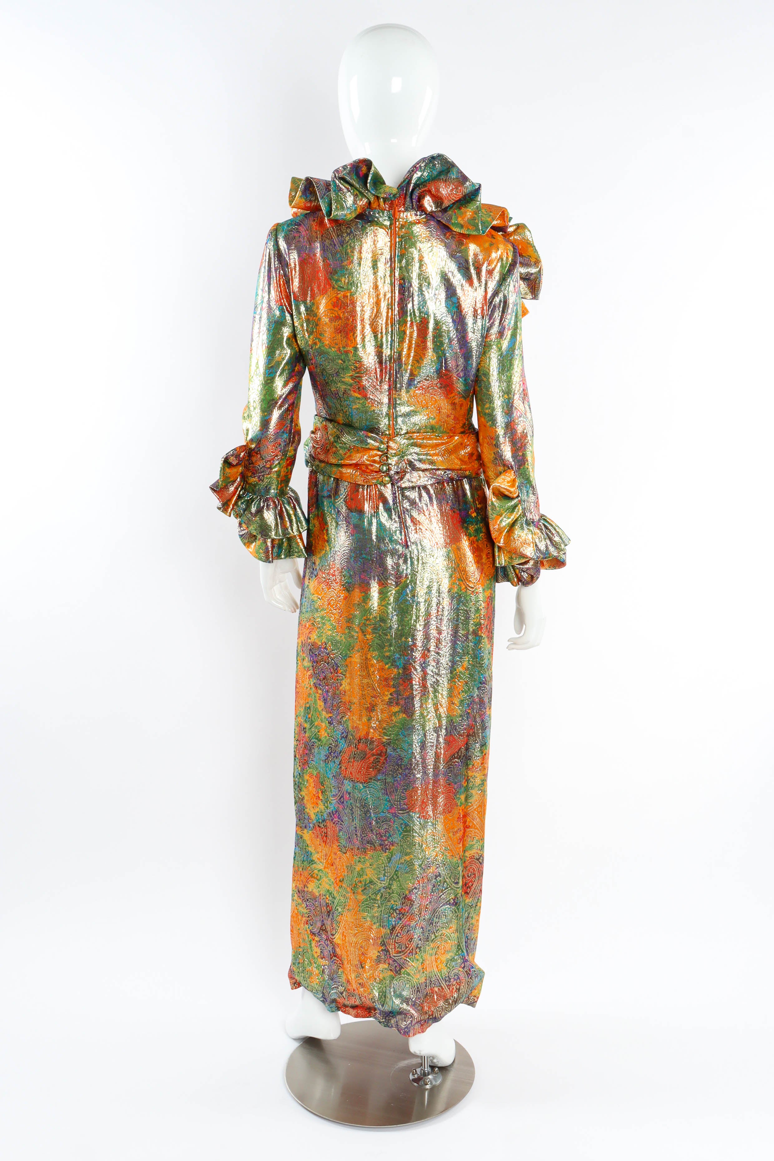 Vintage Peter Keppler Lamé Fleur Ruffle Dress mannequin back  @ Recess LA