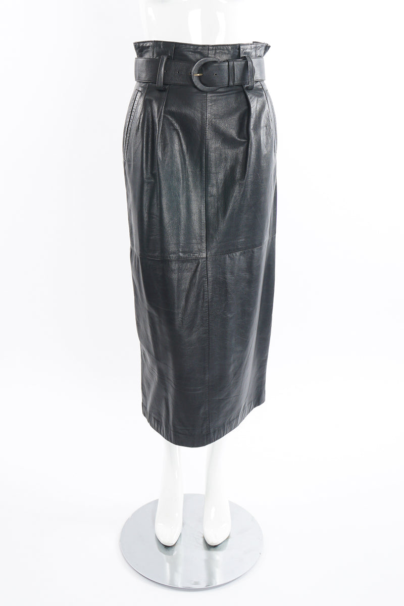 Vintage Pia Rucci Leather Belted Paper Bag Skirt on Mannequin front at Recess Los Angeles