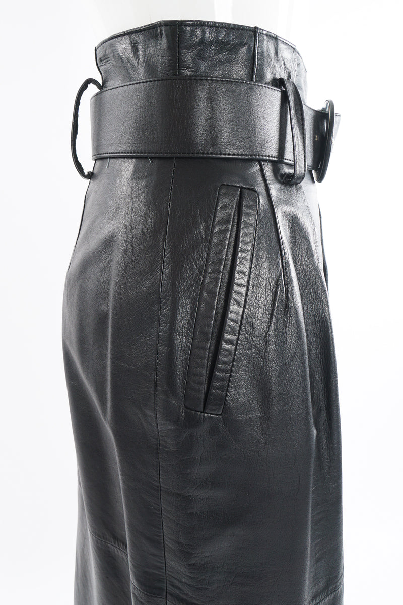 Vintage Pia Rucci Leather Belted Paper Bag Skirt on Mannequin belt detail at Recess Los Angeles