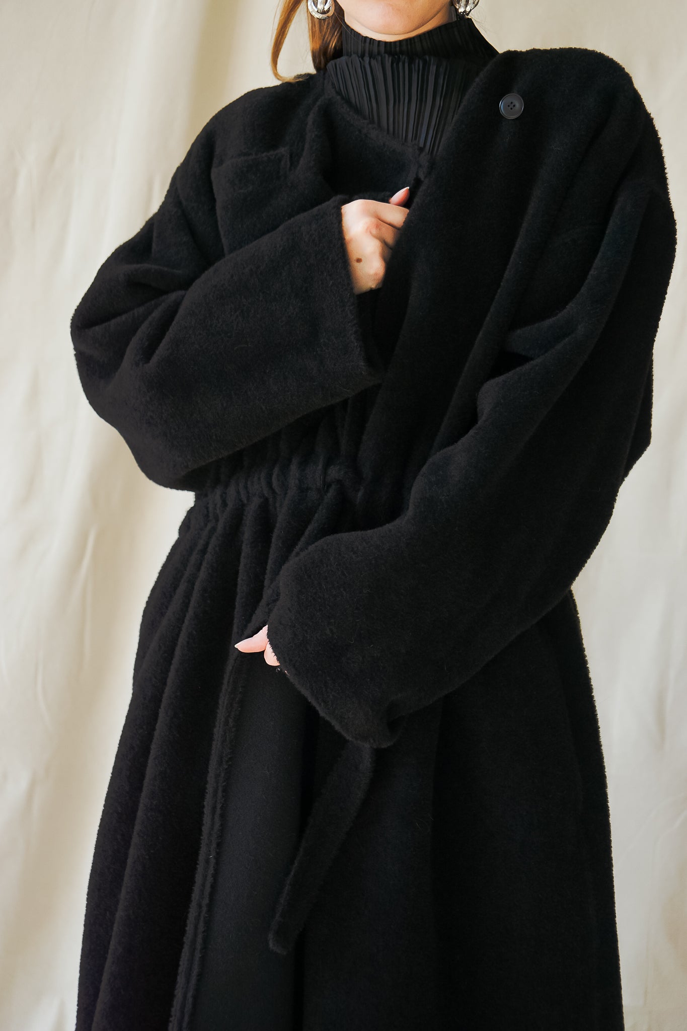 girl in Vintage Sonia Rykiel Fuzzy Alpaca Robe Coat close at Recess Los Angeles