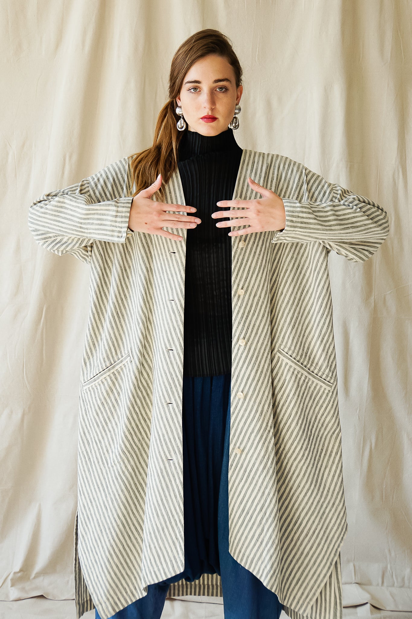 girl in Vintage Issey Miyake Cotton Striped Duster Jacket and harem pant at Recess Los Angeles