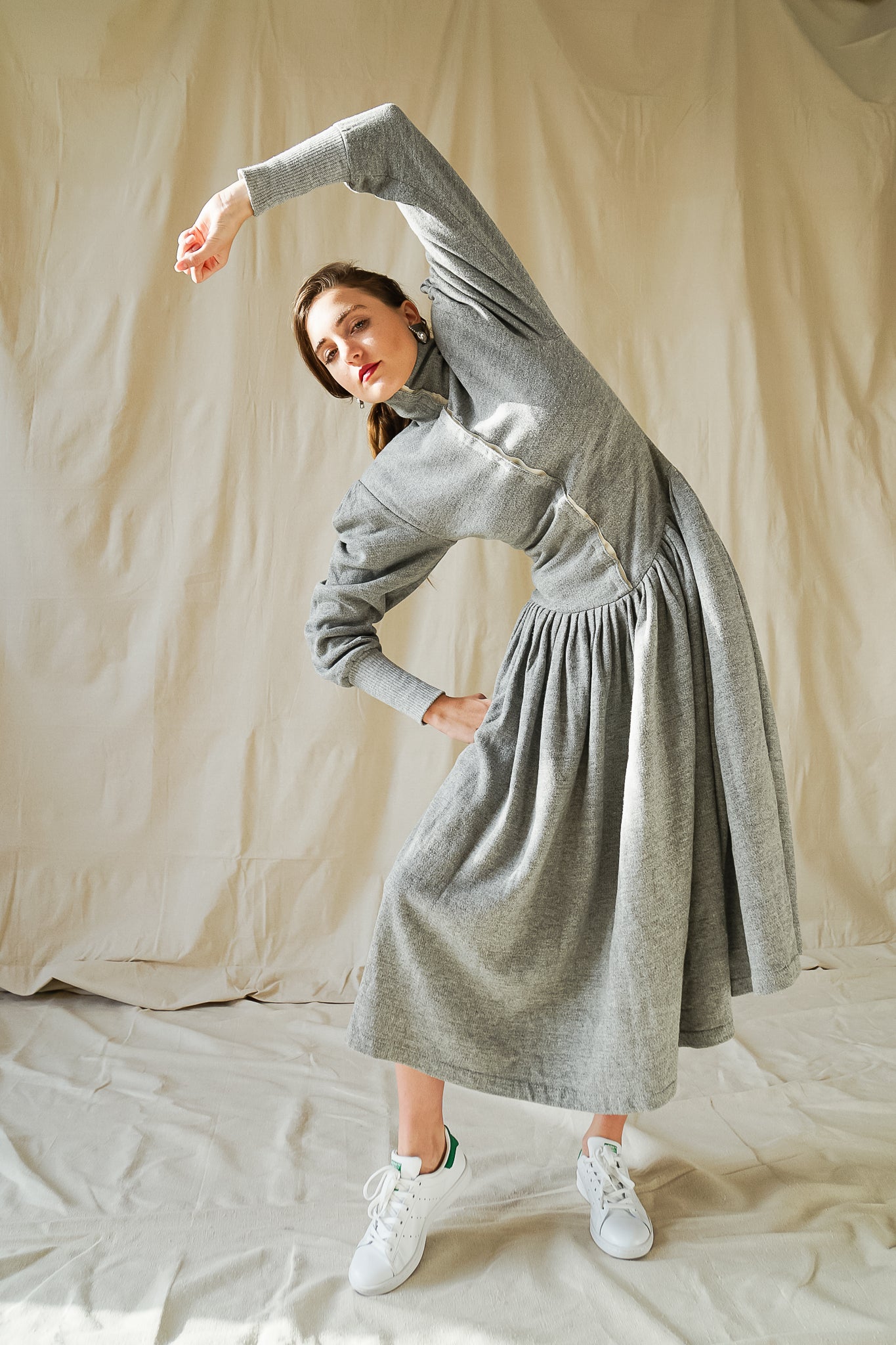 girl in Vintage Norma Kamali Iconic Grey Fleece Sweatshirt Dress at Recess Los Angeles