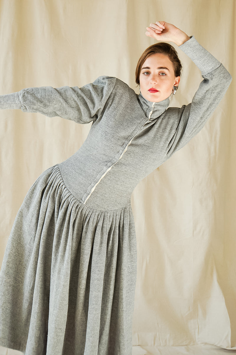 girl in Vintage Norma Kamali Iconic Grey Fleece Sweatshirt Dress at Recess Los Angeles