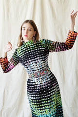 girl in Vintage Montaldo's Graphic Rainbow Sequin Dress w/ barbara groeger earrings @ Recess LA