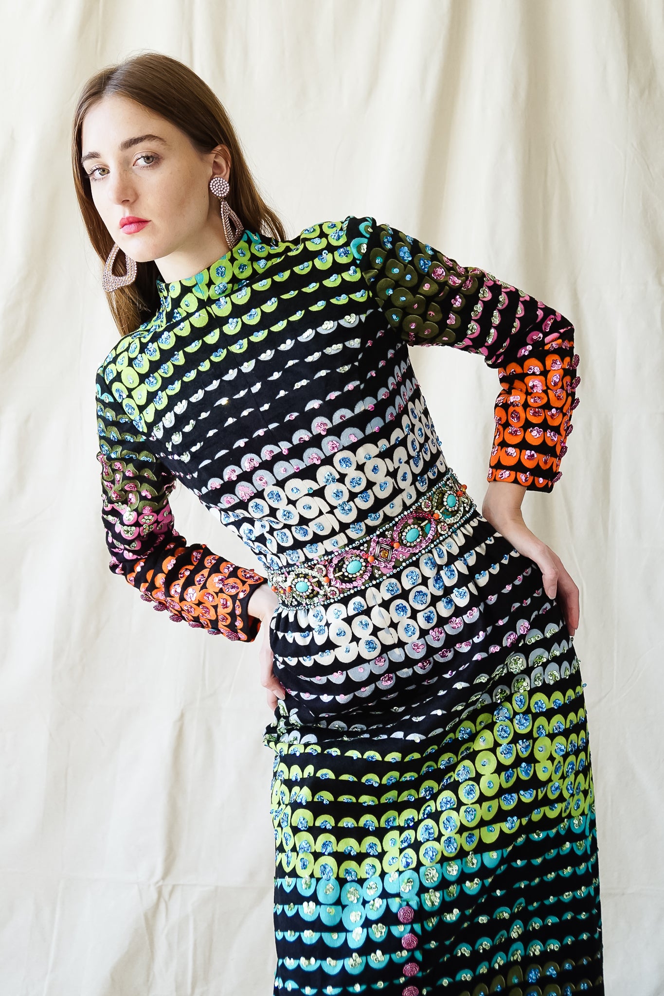 girl in Vintage Montaldo's Graphic Rainbow Sequin Dress w/ barbara groeger earrings @ Recess LA