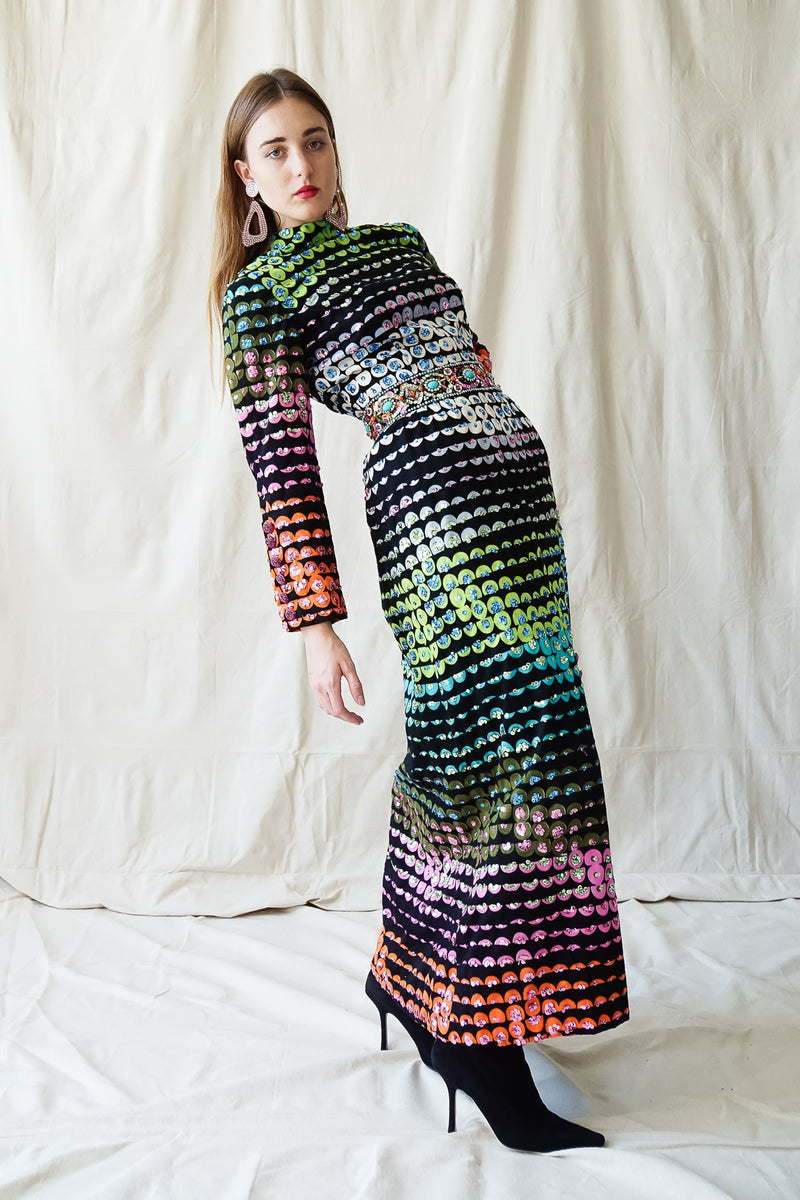 girl in Vintage Montaldo's Graphic Rainbow Sequin Dress w/ barbara groeger earrings @ Recess LA