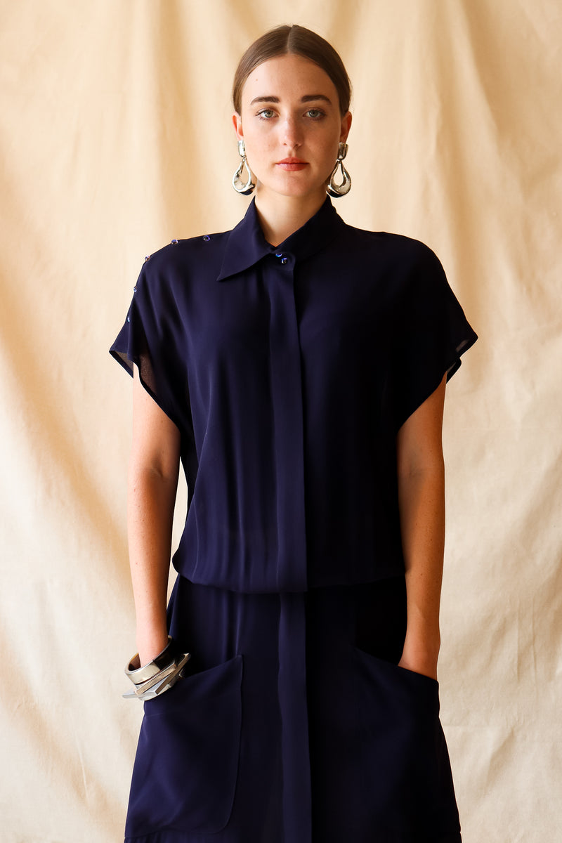 Girl in Vintage Karl Lagerfeld Sheer Longline Shirt Dress at Recess Los Angeles
