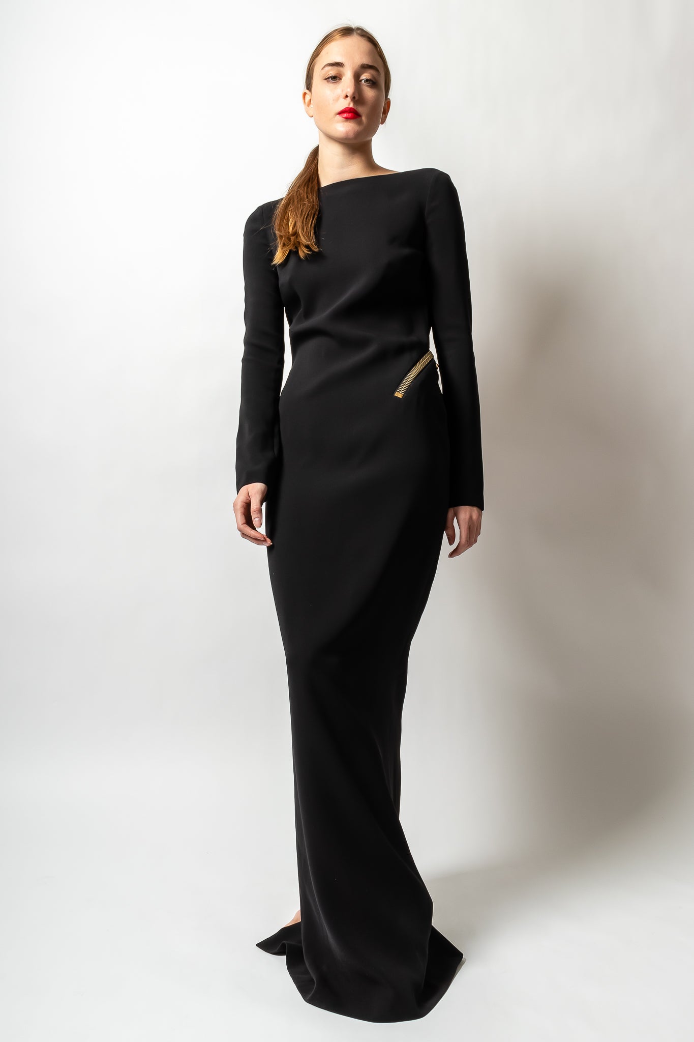 girl in Vintage Tom Ford AW 2012 Plunge Back Zipper Gown at Recess Los Angeles