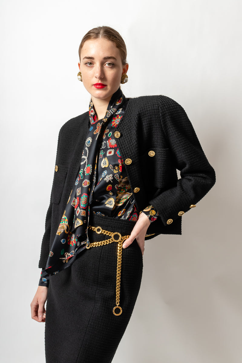 Vintage Chanel Monochrome Tweed Boxy Jacket Skirt Set – Recess