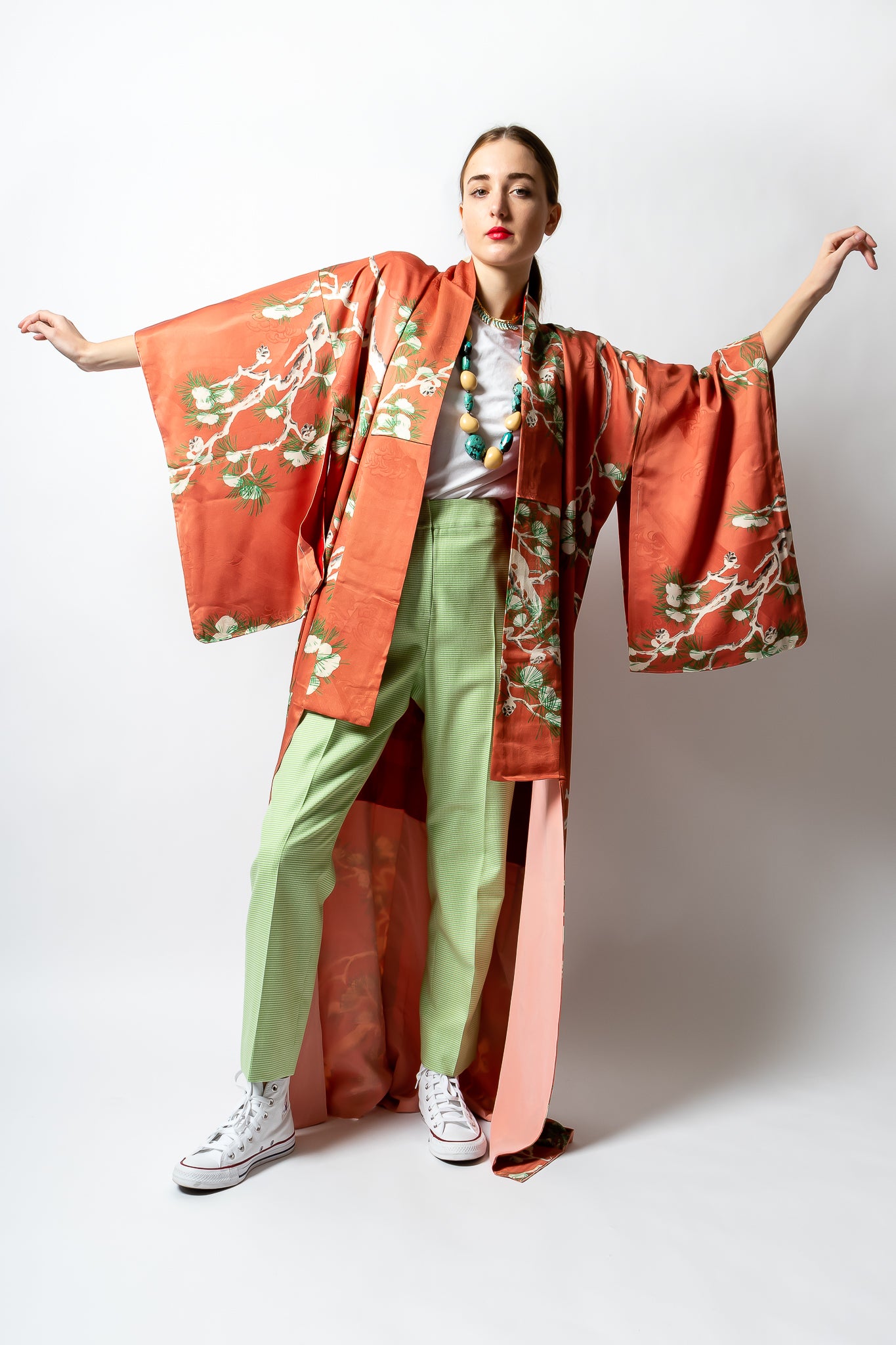 Girl in Vintage Salmon Japanese Pine Frost Komon Kimono with green pant at Recess Los Angeles