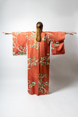 Girl in Vintage Salmon Japanese Pine Frost Komon Kimono with green pant at Recess Los Angeles