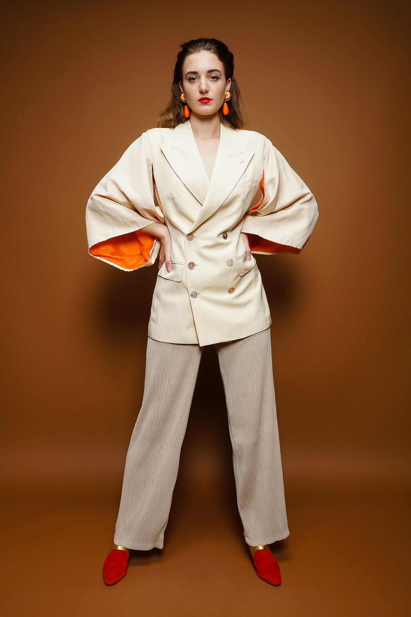 girl in Vintage Jean Paul Gaultier Kimono Sleeve Jacket & pleated Issey Miyake Pant @ Recess LA
