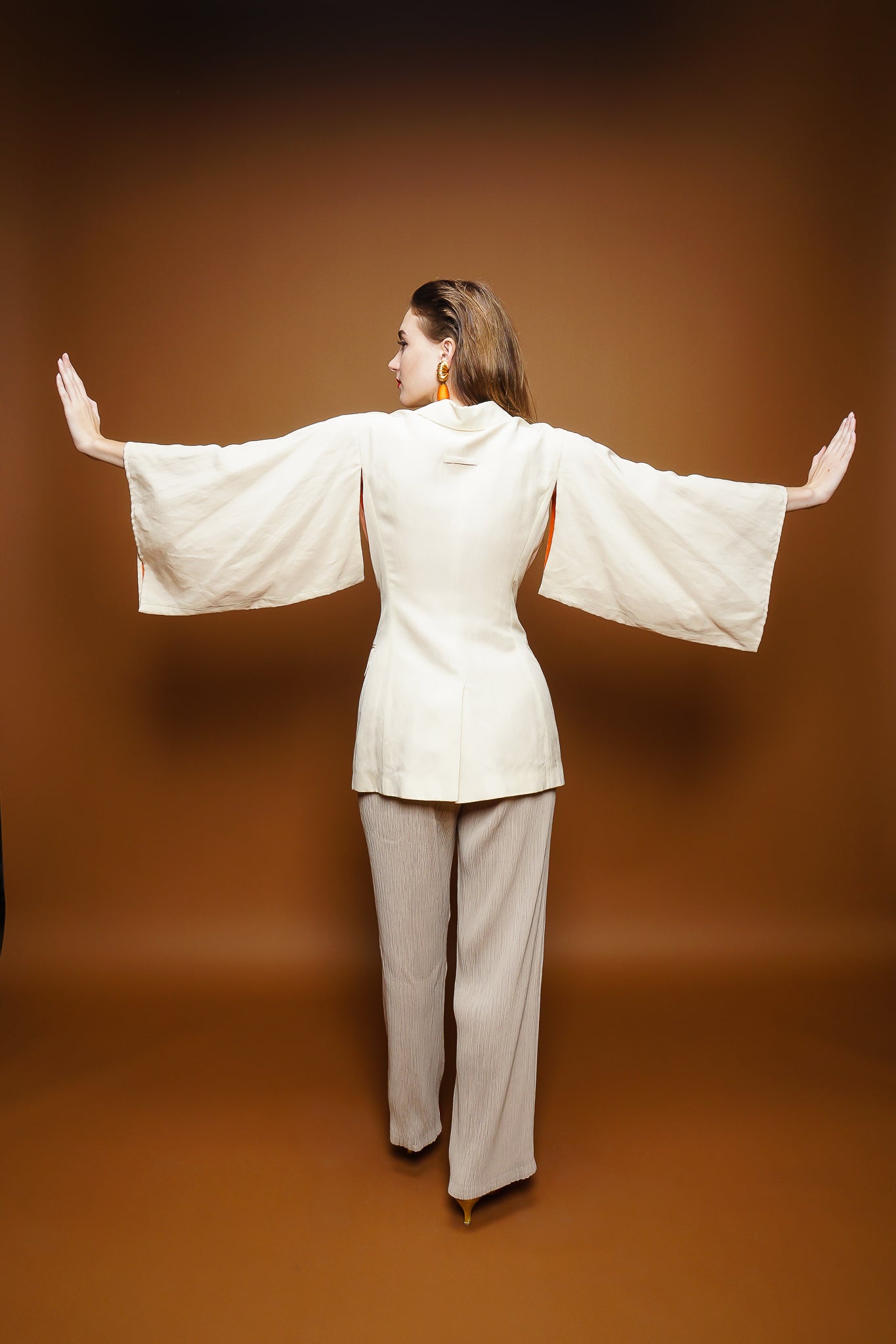 girl in Vintage Jean Paul Gaultier Kimono Sleeve Jacket & pleated Issey Miyake Pant @ Recess LA