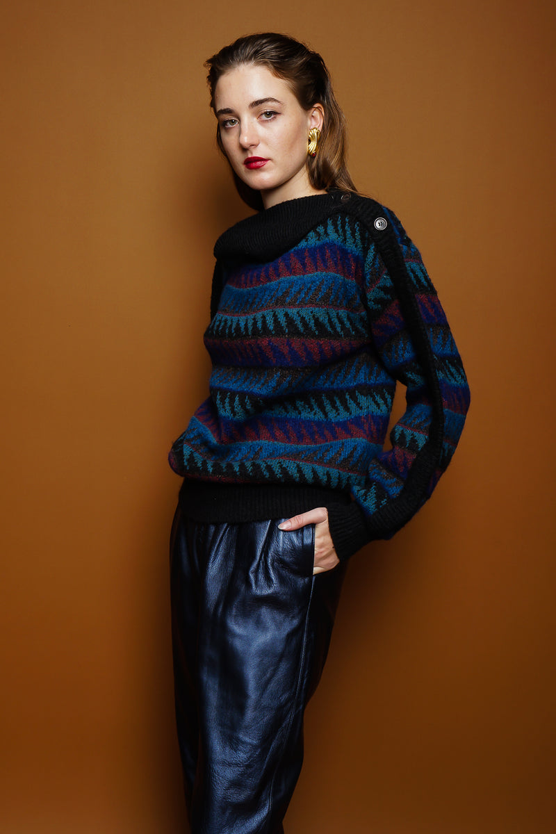 girl in Vintage Missoni Sawtooth Stripe Bateau Sweater & Erez leather pant on brown at Recess LA