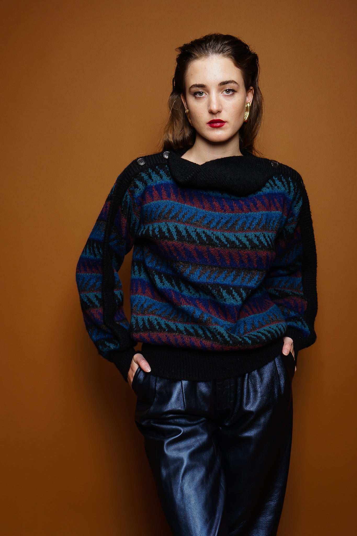 girl in Vintage Missoni Sawtooth Stripe Bateau Sweater & Erez leather pant on brown at Recess LA