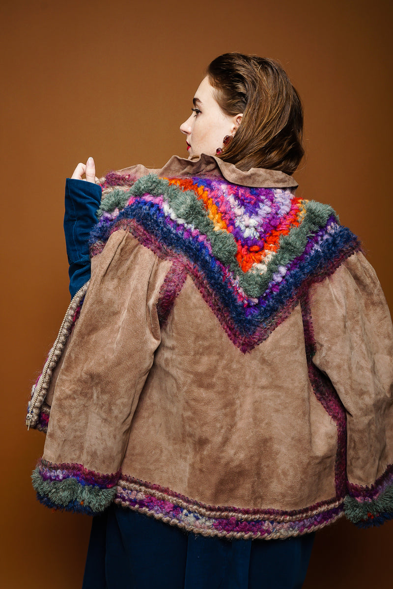 girl in Vintage Norma Canada Rainbow Crochet Nubuck Jacket and Kamali dress at Recess Los Angeles