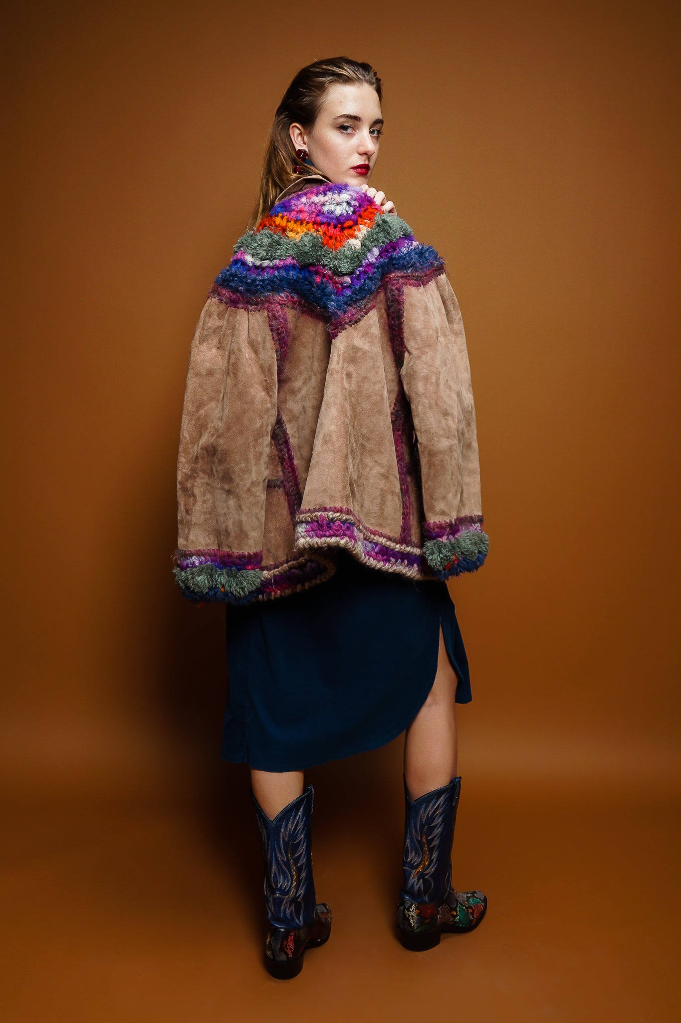 girl in Vintage Norma Canada Rainbow Crochet Nubuck Jacket and Kamali dress at Recess Los Angeles
