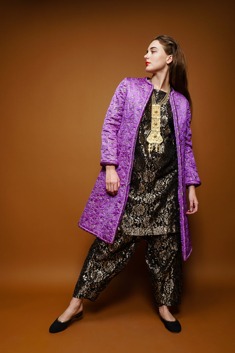 girl in Vintage Metallic Lace Tunic & Harem Pant Set w/ purple Oscar coat at Recess Los Angeles
