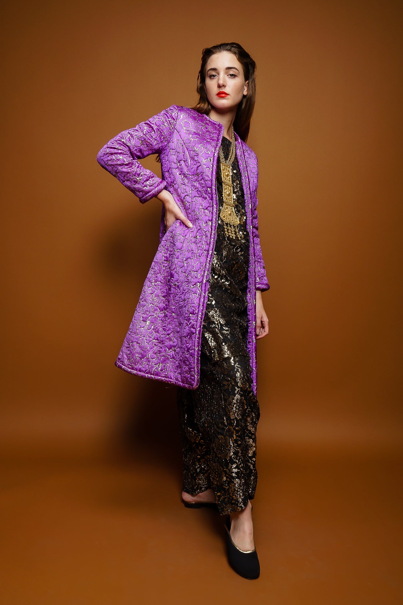 girl in Vintage Oscar de la Renta Abstract Floral Brocade Coat & lace pant set on brown @ Recess LA