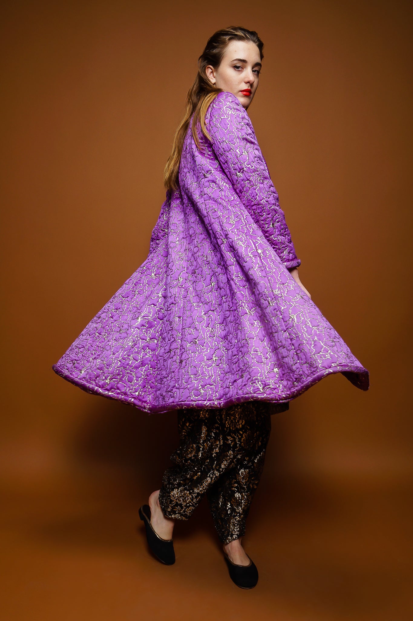 girl in Vintage Oscar de la Renta Abstract Floral Brocade Coat & lace pant set on brown @ Recess LA