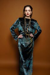 girl in Vintage YSL Yves Saint Laurent Velvet Cosmic Paisley Gown & necklaces on brown at Recess LA