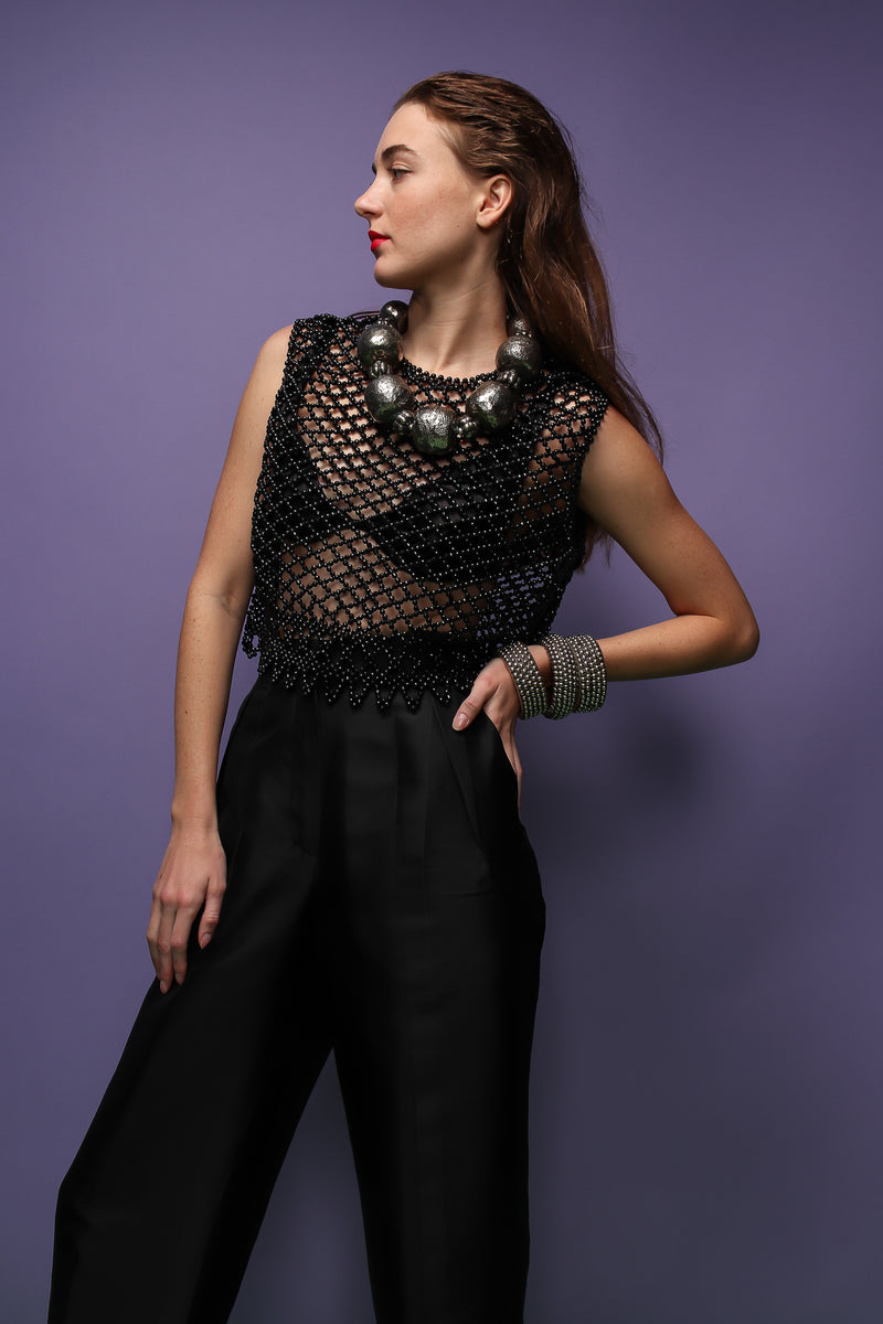 girl in black bead top and Vintage India Hammered Ball Collar Necklace on purple at Recess LA