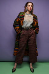 girl in Vintage Neiman Marcus Brushed Wool Stripe Cocoon Coat and Gucci pant at Recess Los Angeles