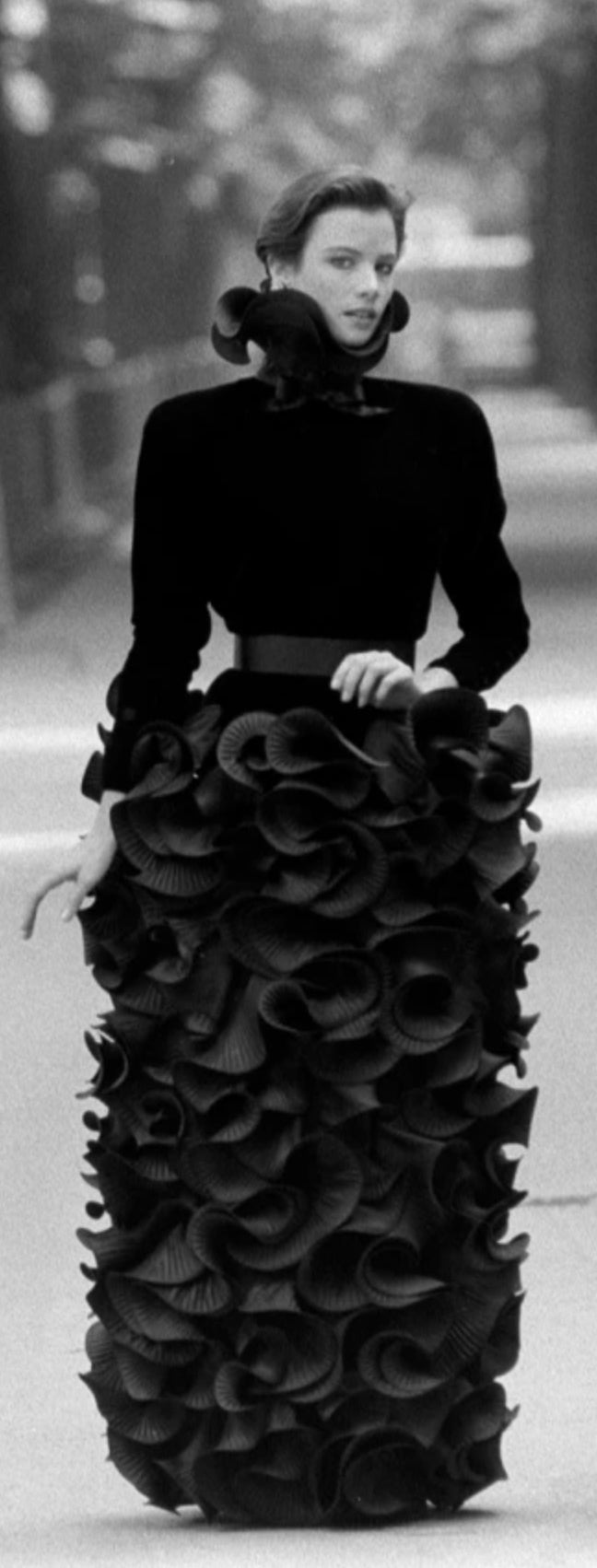 Vintage Pierre Cardin 1985 A/W Couture Ruffle Pleat Velvet Taffeta Gown runway model shot @ Recess LA