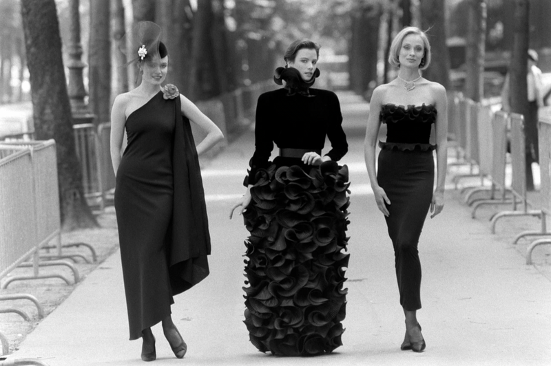 Vintage Pierre Cardin 1985 A/W Couture Ruffle Pleat Velvet Taffeta Gown runway model shoot @ Recess LA