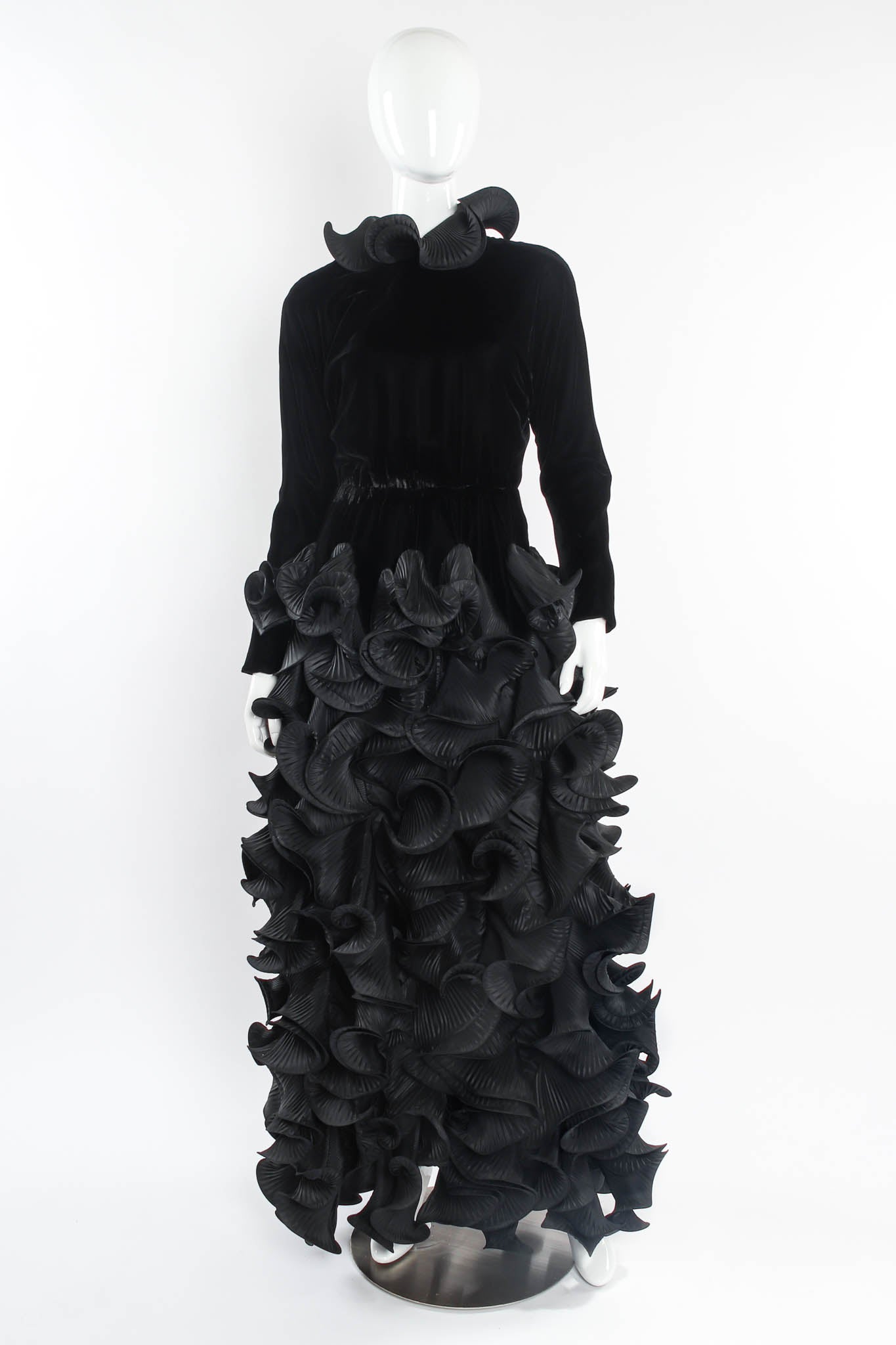 Vintage Pierre Cardin 1985 A/W Couture Ruffle Pleat Velvet Taffeta Gown mannequin front  @ Recess LA