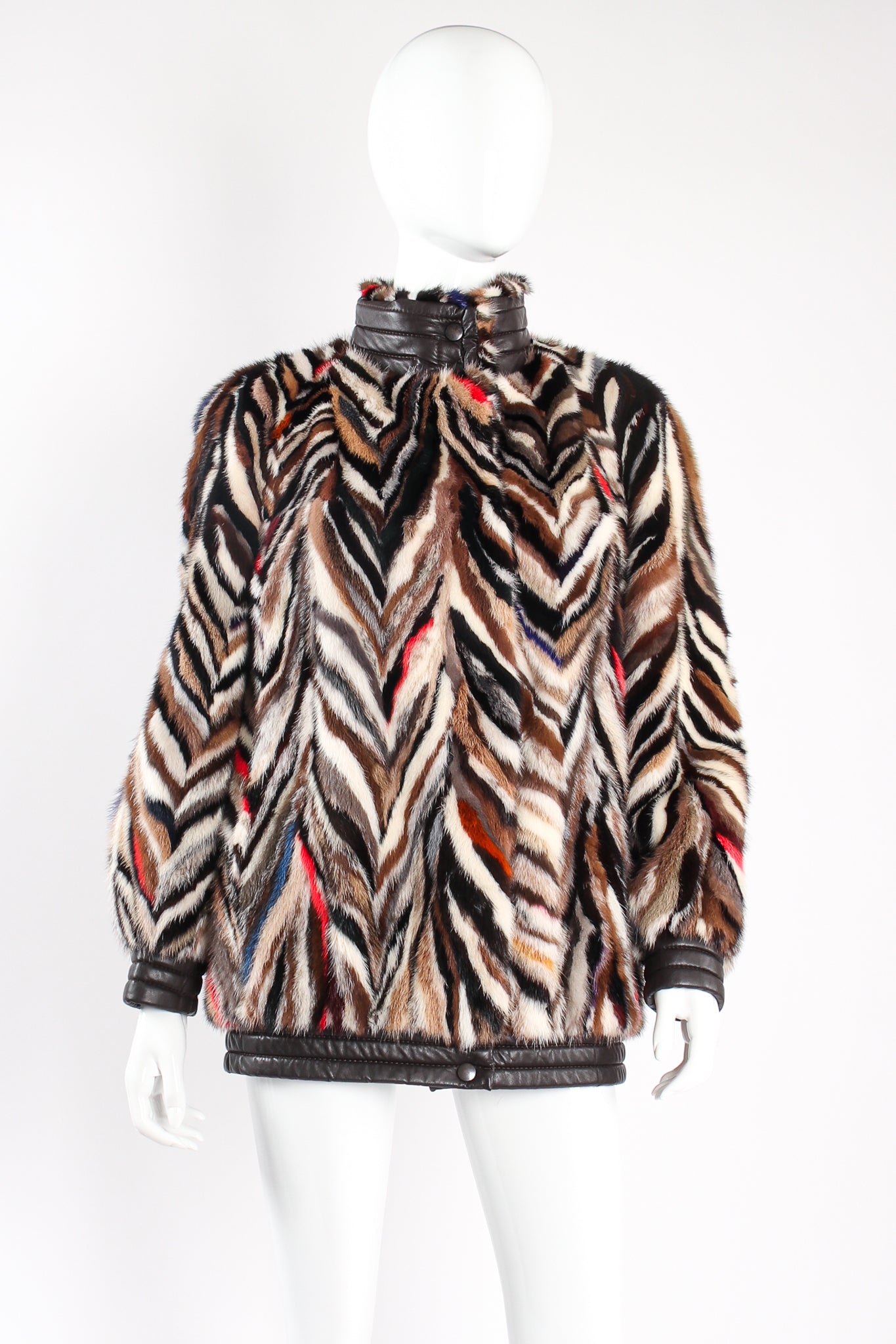 Vintage Pihl Pels Chevron Tiger Stripe Fur Coat on Mannequin front at Recess Los Angeles