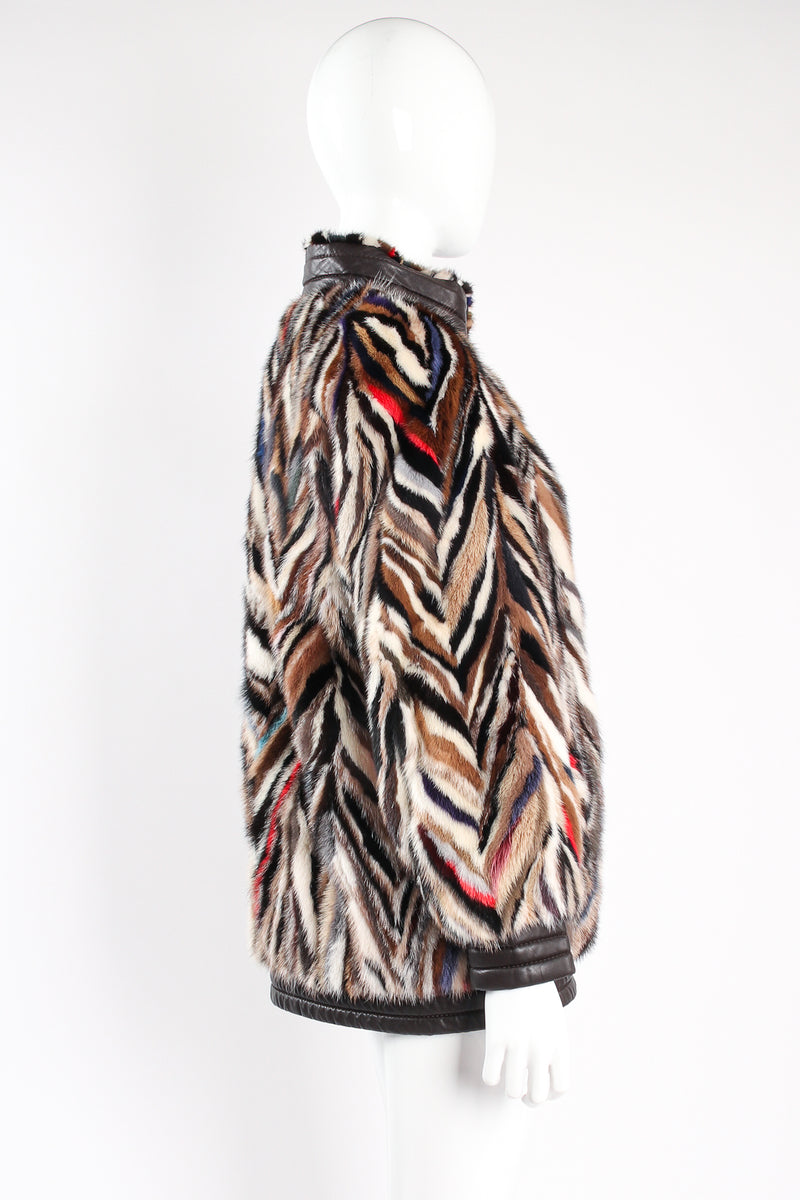Vintage Pihl Pels Chevron Tiger Stripe Fur Coat on Mannequin side at Recess Los Angeles