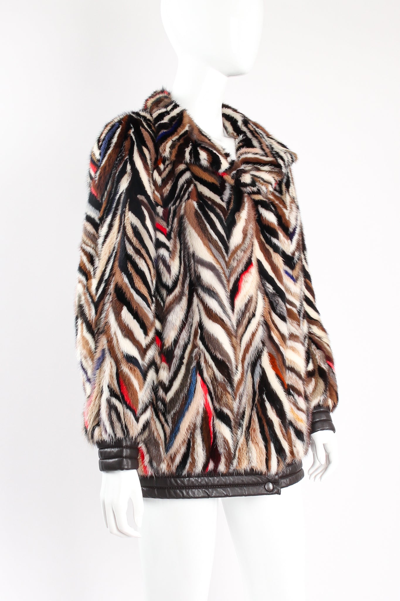 Vintage Pihl Pels Chevron Tiger Stripe Fur Coat on Mannequin angle at Recess Los Angeles