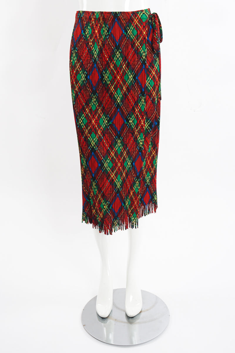 Vintage Issey Miyake Pleats Please Plaid Print Wrap Skirt on Mannequin front at Recess Los Angeles