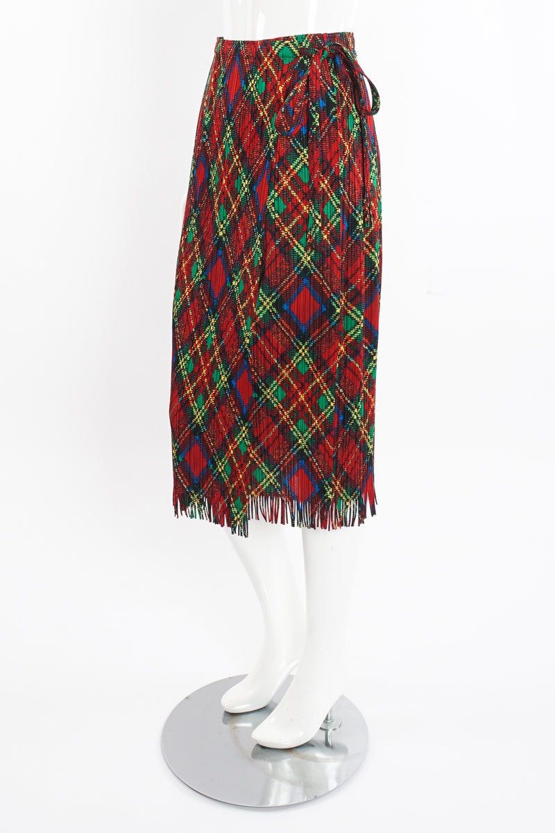 Vintage Issey Miyake Pleats Please Plaid Print Wrap Skirt on Mannequin side at Recess Los Angeles