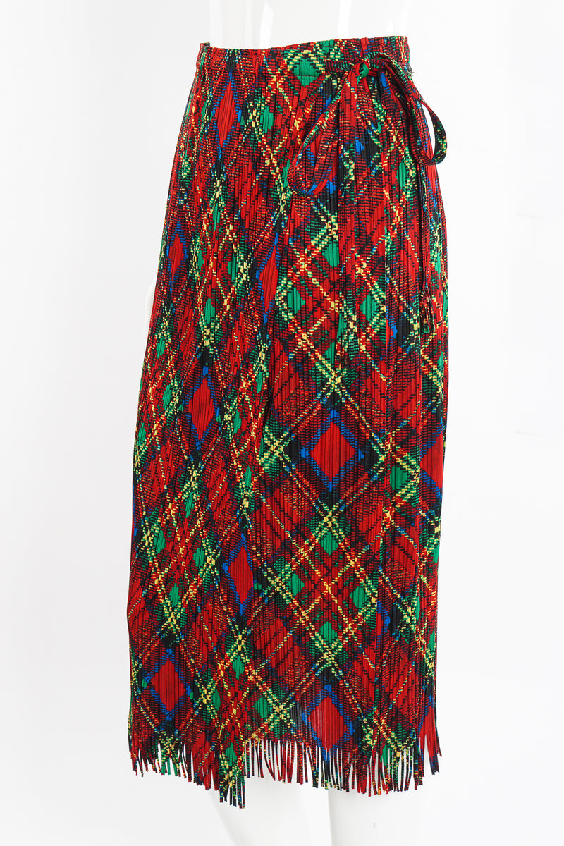 Vintage Issey Miyake Pleats Please Plaid Print Wrap Skirt on Mannequin crop at Recess Los Angeles