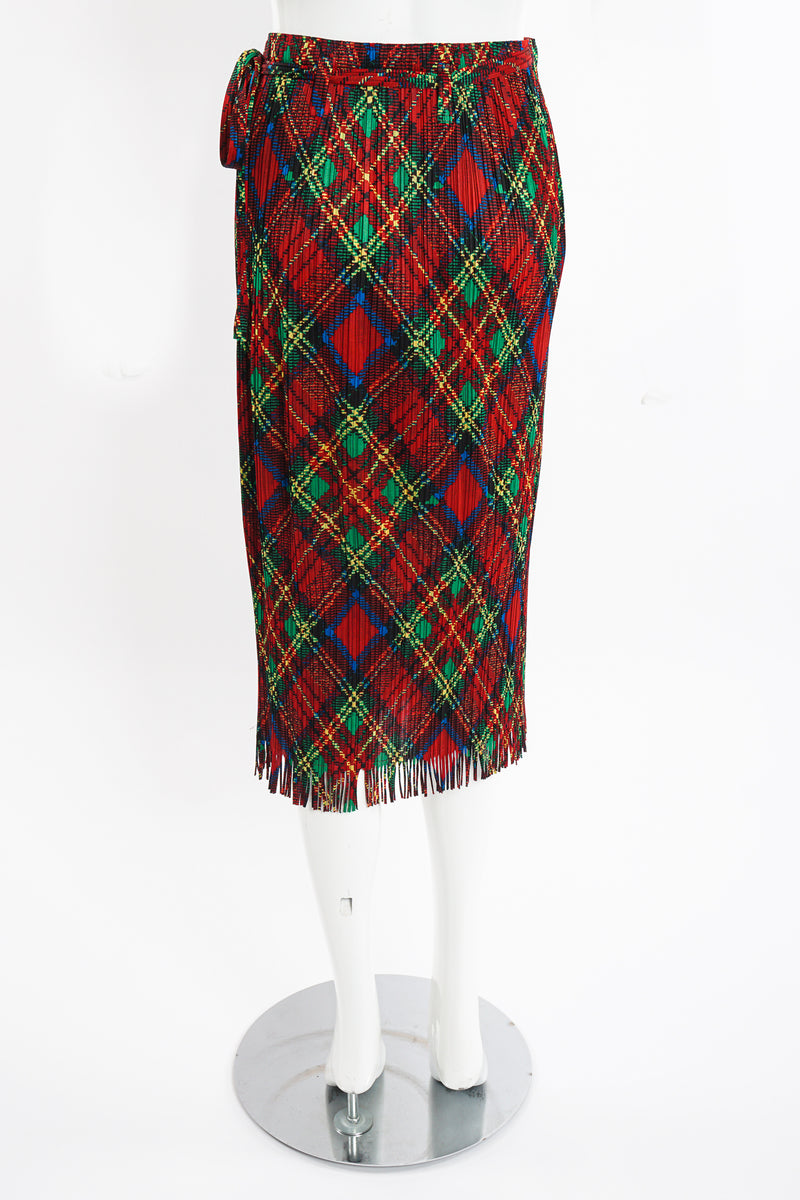 Vintage Issey Miyake Pleats Please Plaid Print Wrap Skirt on Mannequin back at Recess Los Angeles