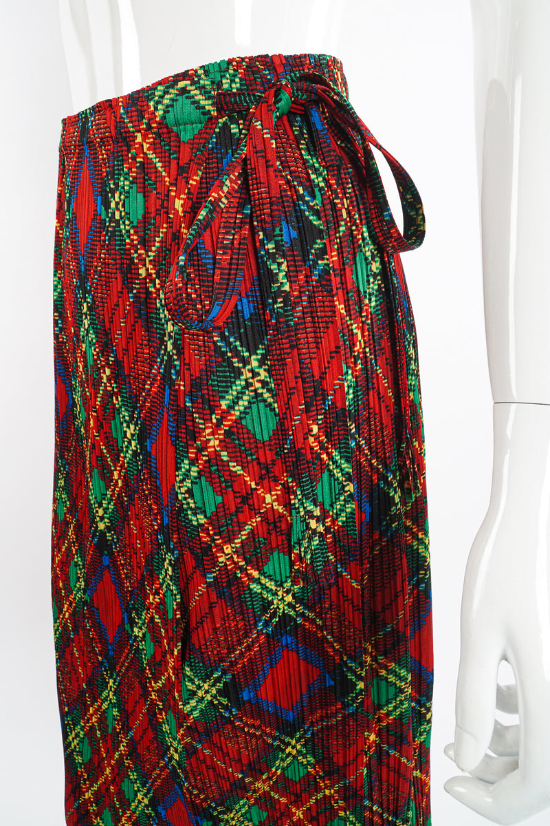 Vintage Issey Miyake Pleats Please Plaid Print Wrap Skirt on Mannequin waist at Recess Los Angeles